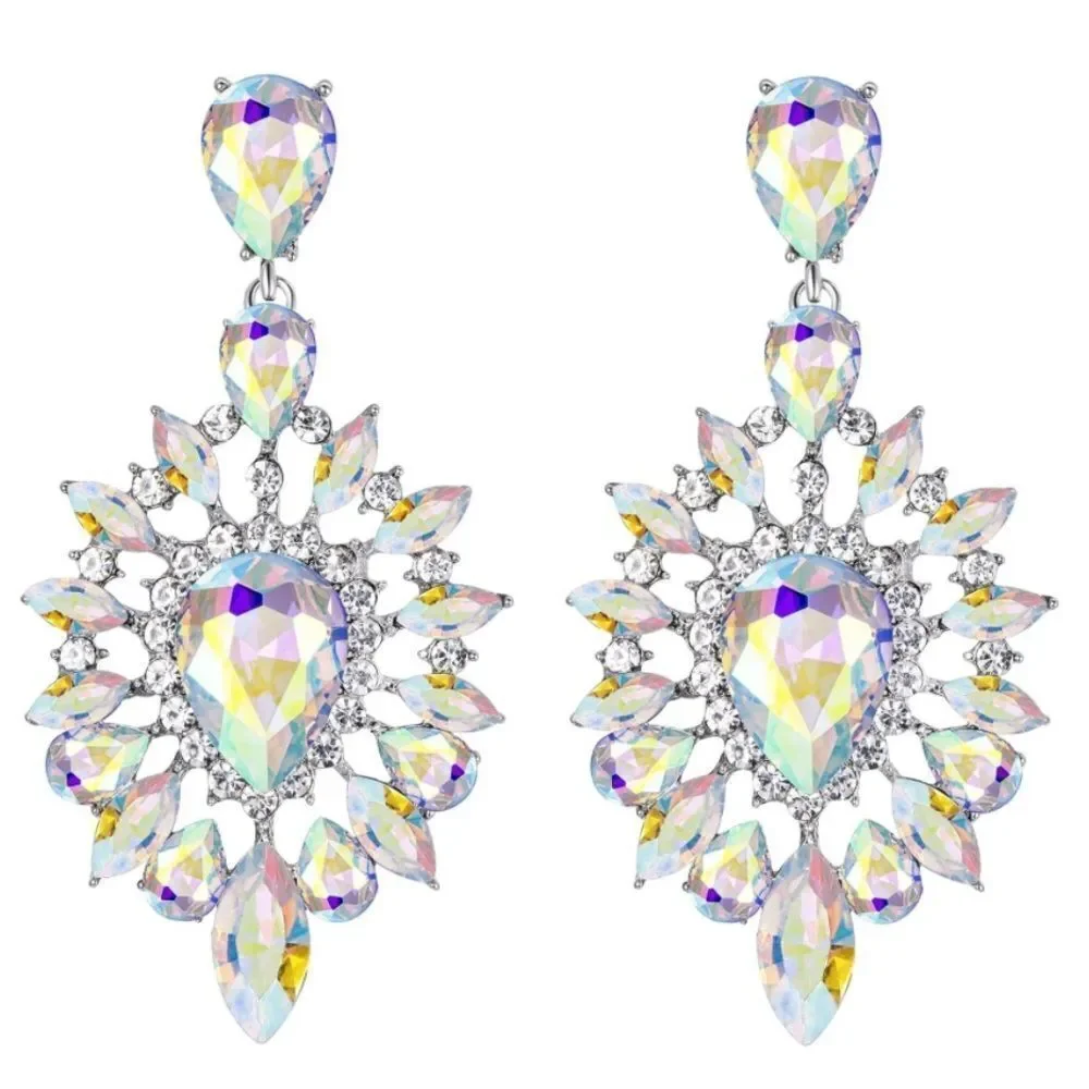 Silver with Iridescent AB Austrian Crystal Teardrop Chandelier Post Earrings